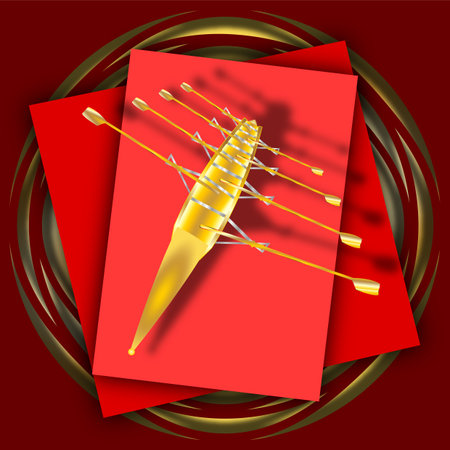 Gold rowing boat on red squares and golden waves.