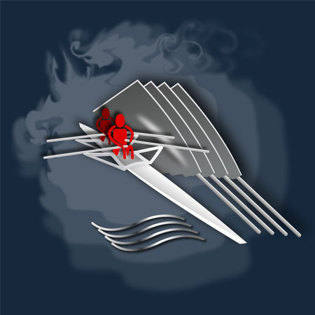 The emblem for the rowing club. White boat, red shapes, blue waves. Vector illustrationのイラスト素材