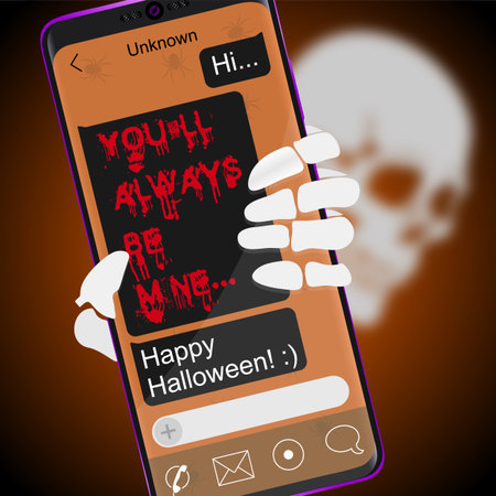 Phone with scary Halloween text. The skeleton is holding the phone. Vector illustration.のイラスト素材