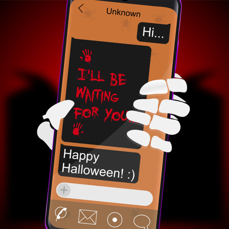 Phone with scary Halloween text. The skeleton is holding the phone. Vector illustration.のイラスト素材