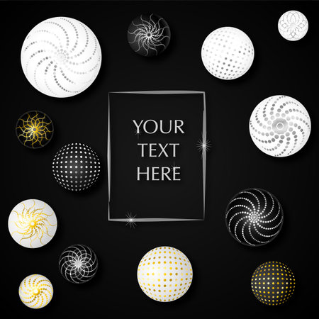 Black poster with white and black balloons and frame for your text. Vector illustration.のイラスト素材