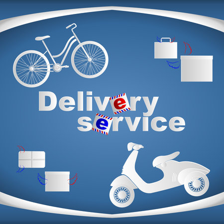 Banner with bike, scooter and boxes and text delivery service. Vector illustration.のイラスト素材