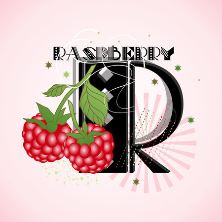 The letter R and Raspberry on a bright abstract backgroundのイラスト素材