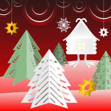 Winter forest and hut on chicken legsのイラスト素材