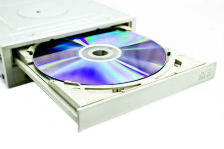 The disk drive with a disk isolated on a white background