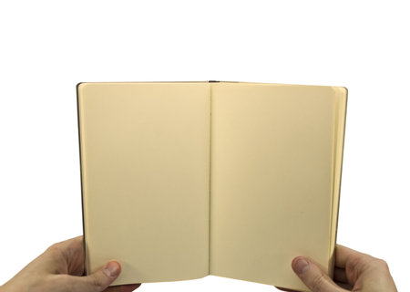 Open notebook in handsの写真素材