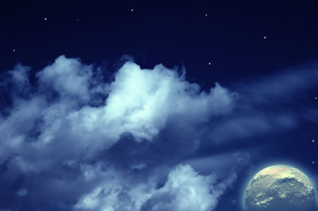 Planets,  moon  stars in cloudy sky