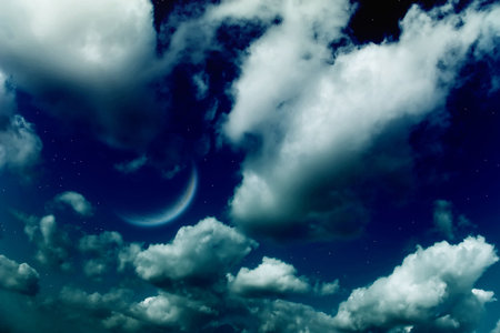 Planets,  moon and stars in the cloudy sky