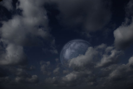 Planets,  moon and stars in  cloudy sky