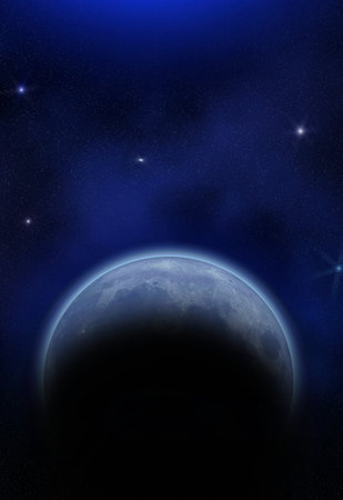 Space with a planet, moon and stars abstract illustrationの写真素材
