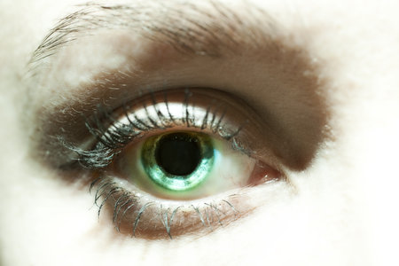 Female blue eyes with dilated pupils close upの写真素材