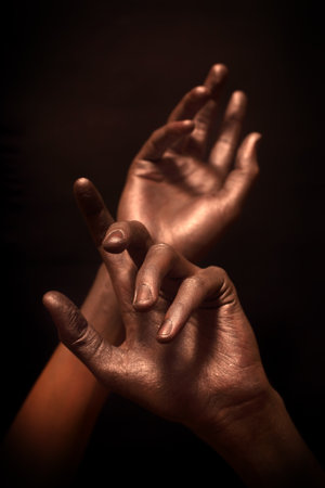 beautiful man's hands in bronze paint on a black backgroundの写真素材