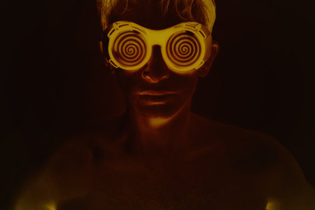 portrait of a young man in the fluorescent glowの写真素材