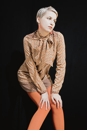 Portrait of beautiful young woman with short hairの写真素材