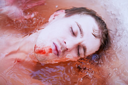Dead man's face with a bloody wound in water closeupの写真素材