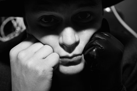 Portrait of the young men in the hat close-upの写真素材