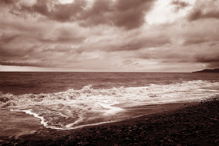 Autumn seascape with waves and shoreline. Retro style sepiaの写真素材