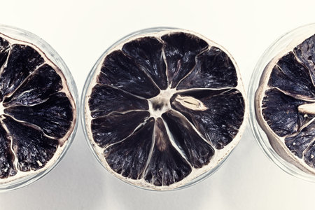 Group of dried lemons on a white backgroundの写真素材