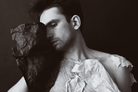 Black and white portrait of a young handsome manの写真素材