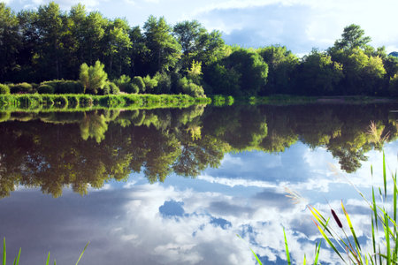 Sky with clouds reflecting in the water of the lake