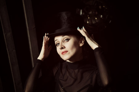 Portrait of Woman wearing a high hat closeupの写真素材