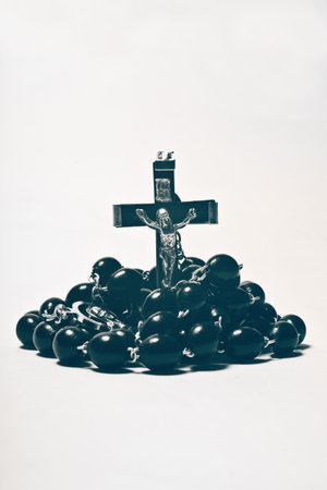 Catholic rosary with crucifix on white backgroundの写真素材