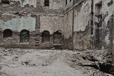 The old ruined brick apartment buildingの写真素材