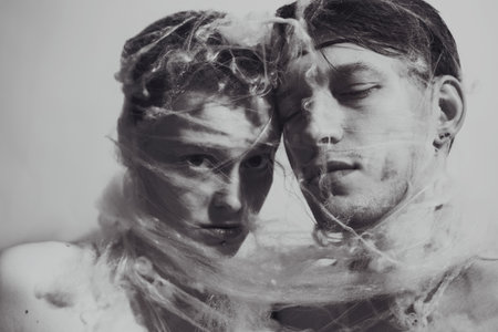 Portrait of young lovers entangled web of closeupの写真素材