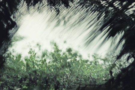 Background with blurred tree branches and skyの写真素材