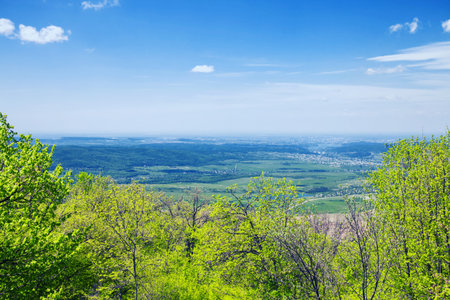 Spring landscape with beautiful valley and blue sky. Crimea