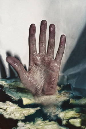 Men palm sticking out of waterの写真素材