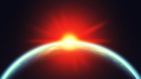 Space landscape with earth and the bright sun. 3D illustrationの写真素材
