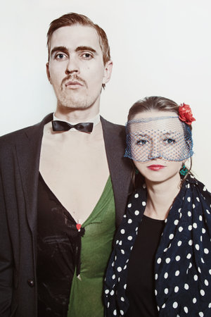 Young couple theater actors in a retro style closeupの写真素材