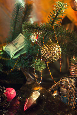 Stack of dollars under the Christmas firの写真素材