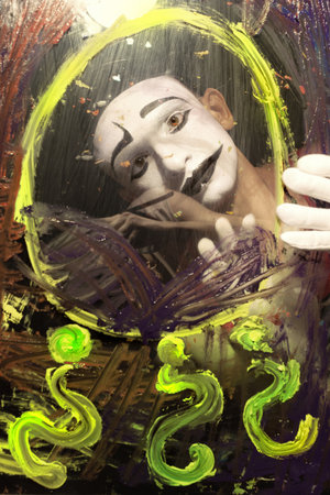 Face of Mime behind glass with multi-colored stains and question marksの写真素材