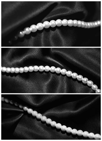 Pearl necklace on black silk. Set of three photosの写真素材