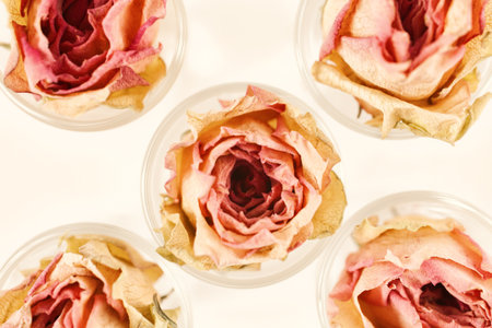 Floral Background with five dry pink roses flowers close-upの写真素材