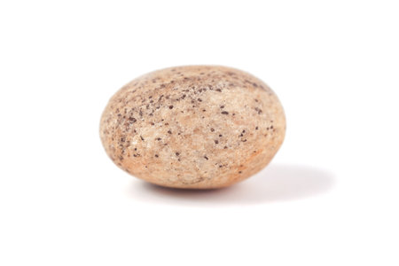 One round smooth pebble stone isolated on white background closeupの写真素材