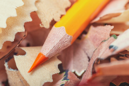 One orange pencil and shavings close-upの写真素材