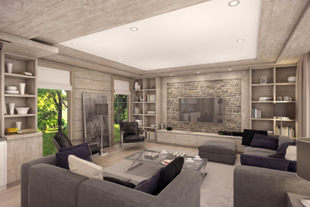 3D rendering of living room, kitchen and dining room are combined in one area of a country house.の写真素材