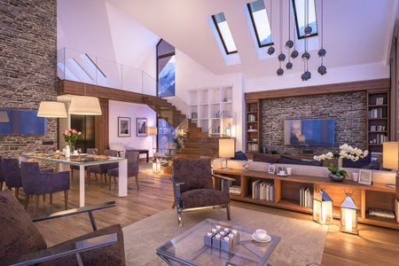 3D rendering of cozy living room on cold winter night in the mountains, evening interior of chalet...