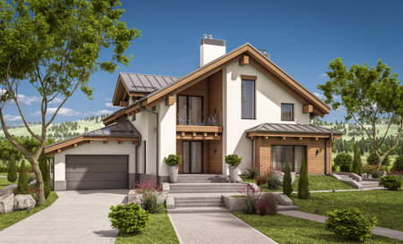 3d rendering of modern cozy house in chalet style with garage for sale or rent with large garden and lawn. Clear sunny summer day with cloudless sky.の写真素材