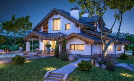 3d rendering of modern cozy house in chalet style with garage for sale or rent with many grass on lawn. Clear summer night with stars on the sky. Cozy warm light from windowの写真素材