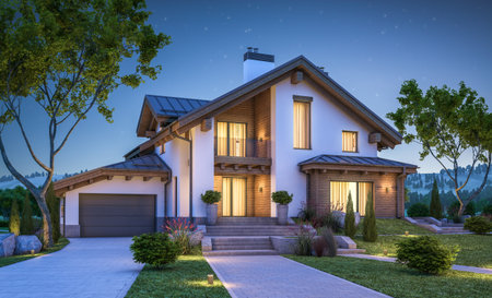3d rendering of modern cozy house in chalet style with garage for sale or rent with many grass on lawn. Clear summer night with stars on the sky. Cozy warm light from windowの写真素材
