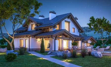 3d rendering of modern cozy house in chalet style with garage for sale or rent with many grass on lawn. Clear summer night with stars on the sky. Cozy warm light from windowの写真素材