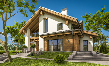 3d rendering of modern cozy house in chalet style with garage for sale or rent with large garden and lawn. Clear sunny summer day with cloudless sky.の写真素材