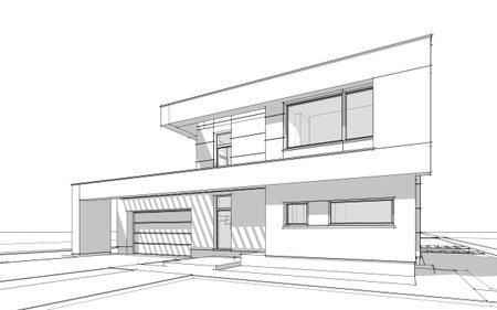 3d rendering  sketch of modern cozy house with garage for sale or rent with large garden and lawn. Black line on white backgroundの写真素材