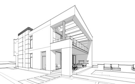 3d rendering  sketch of modern cozy house with garage for sale or rent with large garden and lawn. Black line on white backgroundの写真素材