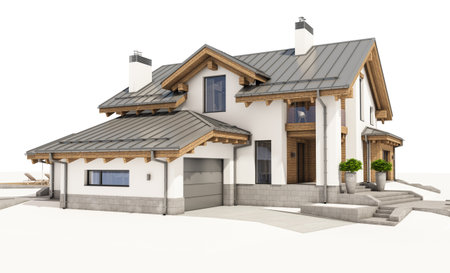 3d rendering of modern cozy house in chalet style with garage for sale or rent. Isolated on white.の写真素材
