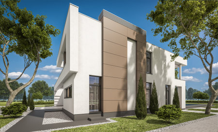 3d rendering of modern cozy house with garage for sale or rent with large garden and lawn. Clear sunny summer day with cloudless sky.の写真素材